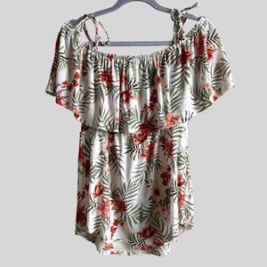 Siren Lily Maternity‎ Blouse Top Off Shoulder Floral Sheer Ruffled Neckline Sz M